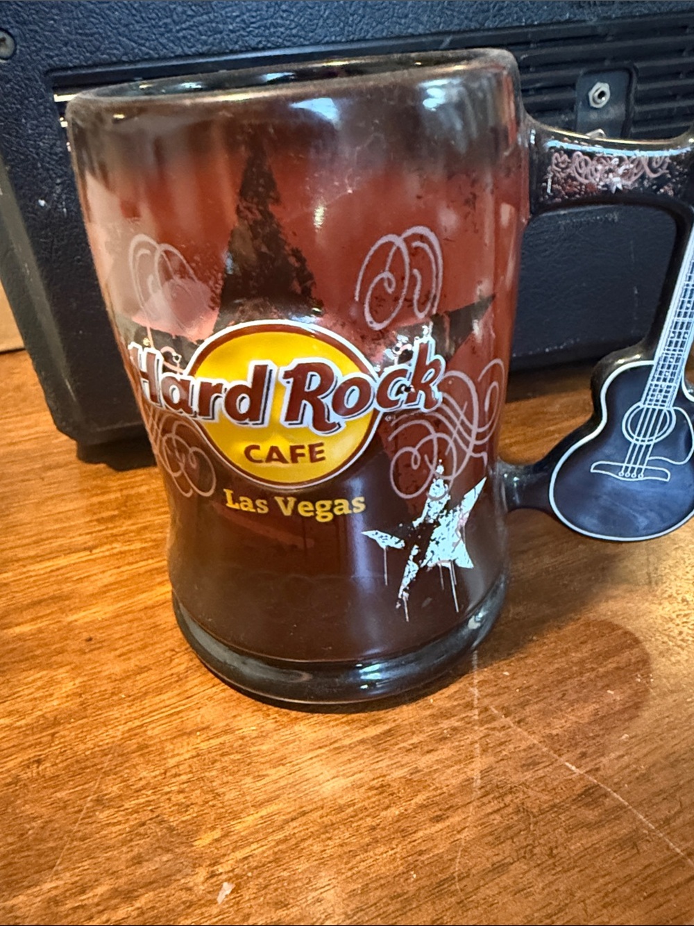 Hard Rock Cafe Las Vegas Brown and Yellow Logo Glass Mug with Guitar Handle